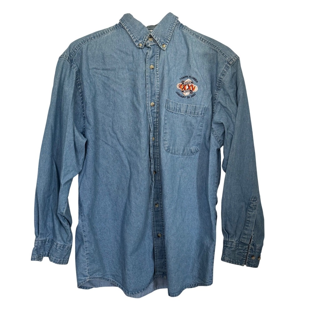 Vintage Superbowl  XXXV 2001 Denim Button Down Shirt Tampa Florida Shirt‎ Large